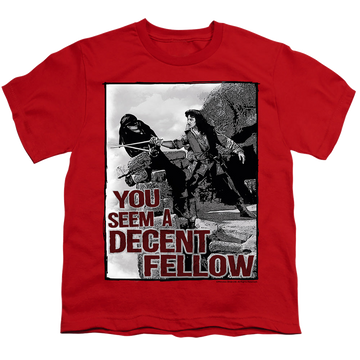 Red youth t-shirt for ages 8 to 12 with The Princess Bride Fellow graphic