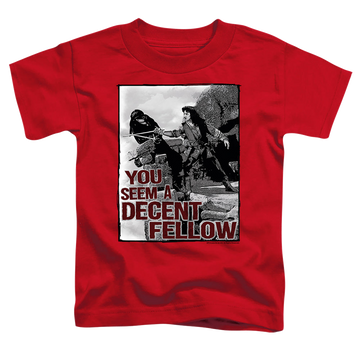 Red kid's t-shirt for ages 4 to 7 with The Princess Bride Fellow graphic