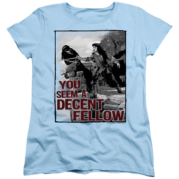 Light blue women's t-shirt with The Princess Bride Fellow graphic