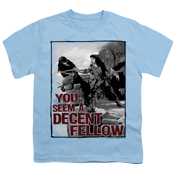 Light blue youth t-shirt for ages 8 to 12 with The Princess Bride Fellow graphic