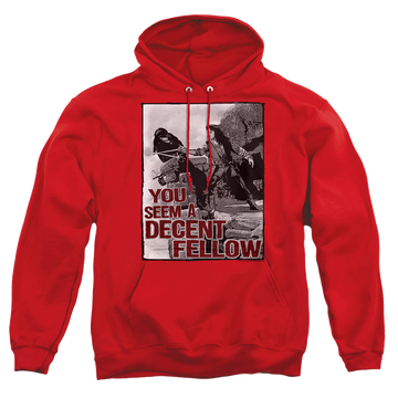 Red pullover hoodie with The Princess Bride Fellow graphic