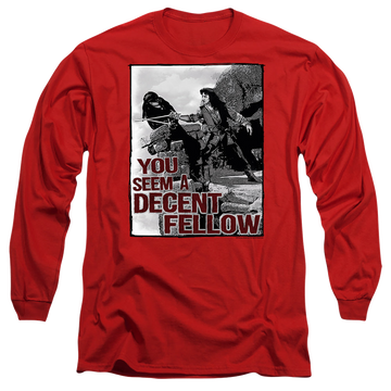 Red men's long sleeve t-shirt with The Princess Bride Fellow graphic