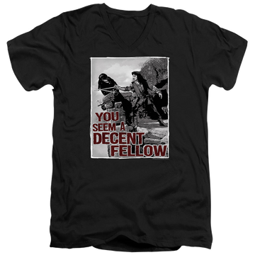 Black men's v-neck t-shirt with The Princess Bride Fellow graphic