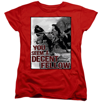 Red women's t-shirt with The Princess Bride Fellow graphic