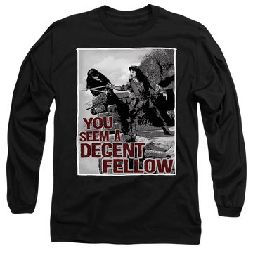 Black men's long sleeve t-shirt with The Princess Bride Fellow graphic