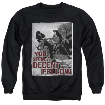 Black men's crewneck sweatshirt with The Princess Bride Fellow graphic
