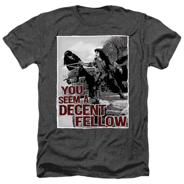 Black men's heather t-shirt with The Princess Bride Fellow graphic