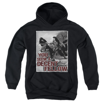Black youth hoodie for ages 8 to 12 with The Princess Bride Fellow graphic