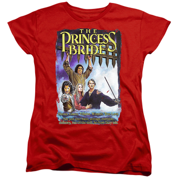 Red women's t-shirt with The Princess Bride Alt Poster graphic