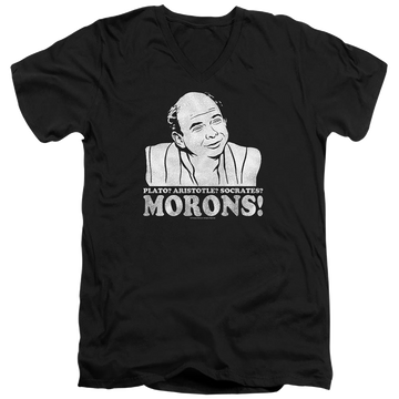 Black men's v-neck t-shirt with The Princess Bride Morons graphic