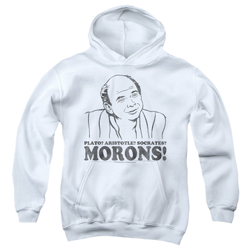 White youth hoodie for ages 8 to 12 with The Princess Bride Morons graphic