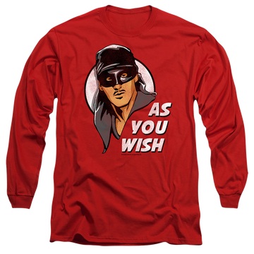 Red men's long sleeve t-shirt with The Princess Bride As You Wish graphic