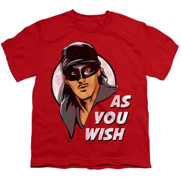 Red youth t-shirt for ages 8 to 12 with The Princess Bride As You Wish graphic