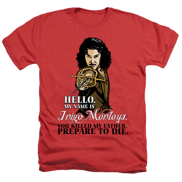 Red men's heather t-shirt with The Princess Bride Hello graphic