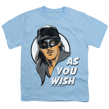 Light blue youth t-shirt for ages 8 to 12 with The Princess Bride As You Wish graphic