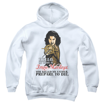 White youth hoodie for ages 8 to 12 with The Princess Bride Hello graphic