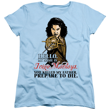 Light blue women's t-shirt with The Princess Bride Hello graphic