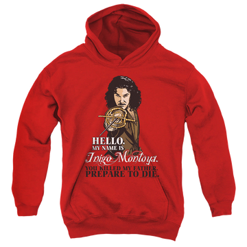 Red youth hoodie for ages 8 to 12 with The Princess Bride Hello graphic