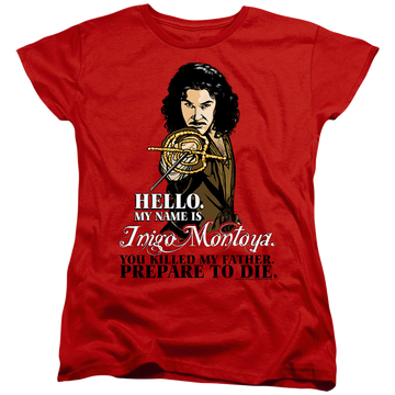 Red women's t-shirt with The Princess Bride Hello graphic