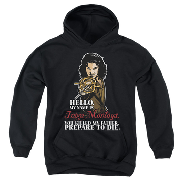 Black youth hoodie for ages 8 to 12 with The Princess Bride Hello graphic