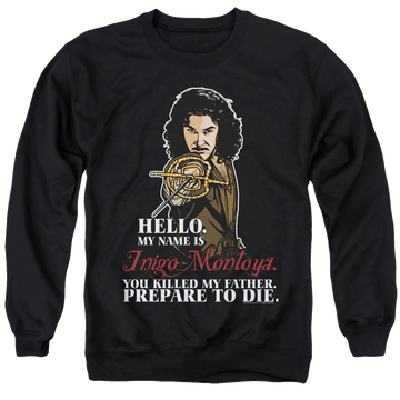 Black men's crewneck sweatshirt with The Princess Bride Hello graphic