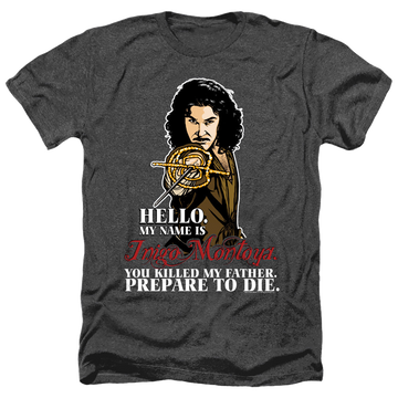 Black men's heather t-shirt with The Princess Bride Hello graphic