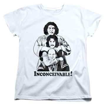 White women's t-shirt with The Princess Bride Inconceivable graphic