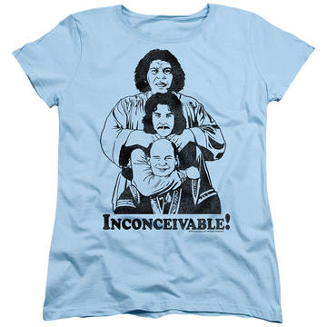 Light blue women's t-shirt with The Princess Bride Inconceivable graphic