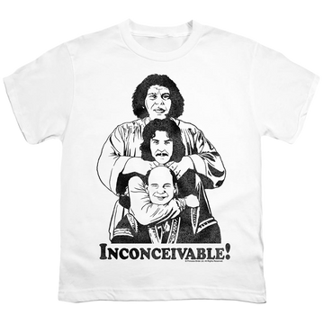 White youth t-shirt for ages 8 to 12 with The Princess Bride Inconceivable graphic