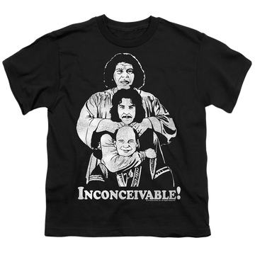 Black youth t-shirt for ages 8 to 12 with The Princess Bride Inconceivable graphic