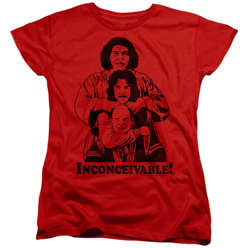 Red women's t-shirt with The Princess Bride Inconceivable graphic