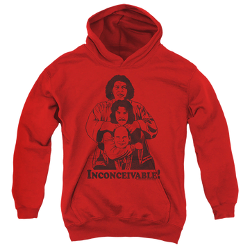 Red youth hoodie for ages 8 to 12 with The Princess Bride Inconceivable graphic