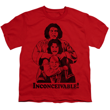 Red youth t-shirt for ages 8 to 12 with The Princess Bride Inconceivable graphic
