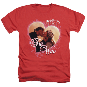 Red men's heather t-shirt with The Princess Bride Tru Wuv graphic
