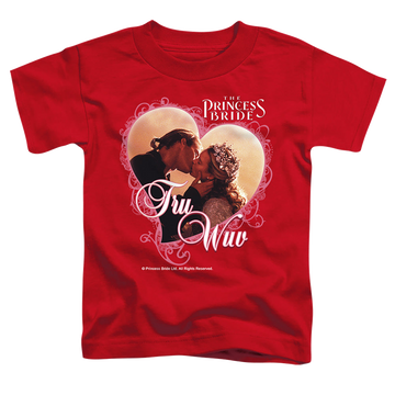 Red kid's t-shirt for ages 4 to 7 with The Princess Bride Tru Wuv graphic