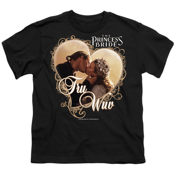 Black kid's t-shirt for ages 4 to 7 with The Princess Bride Tru Wuv graphic