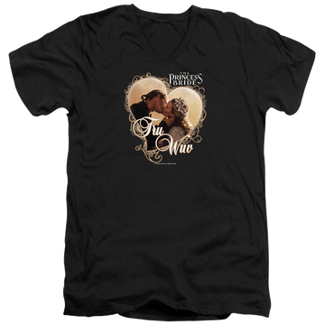 Black men's v-neck t-shirt with The Princess Bride Tru Wuv graphic