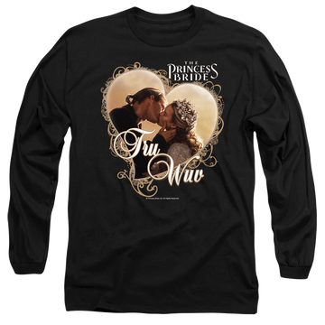 Black men's long sleeve t-shirt with The Princess Bride Tru Wuv graphic