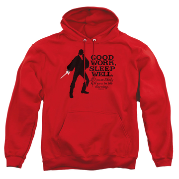 Red pullover hoodie with The Princess Bride Good Work graphic