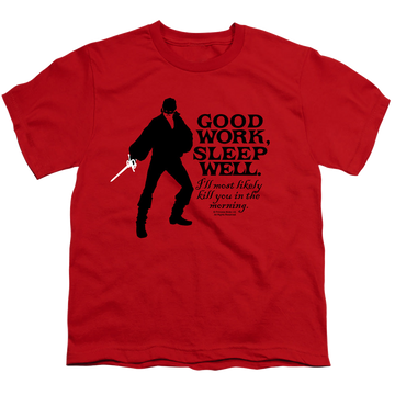 Red youth t-shirt for ages 8 to 12 with The Princess Bride Good Work graphic