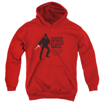 Red youth hoodie for ages 8 to 12 with The Princess Bride Good Work graphic
