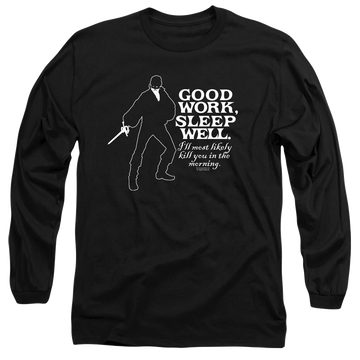 Black men's long sleeve t-shirt with The Princess Bride Good Work graphic