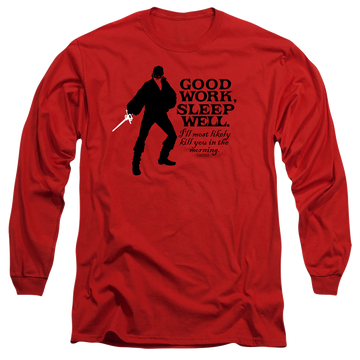 Red men's long sleeve t-shirt with The Princess Bride Good Work graphic