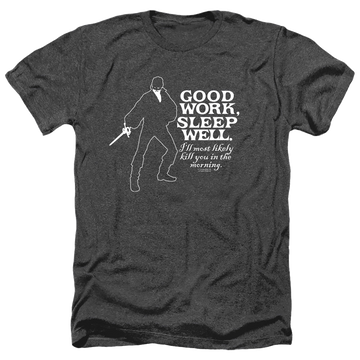 Black men's heather t-shirt with The Princess Bride Good Work graphic