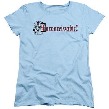 Light blue women's t-shirt with The Princess Bride Vizzini Crest graphic