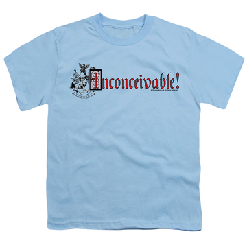 Light blue youth t-shirt for ages 8 to 12 with The Princess Bride Vizzini Crest graphic