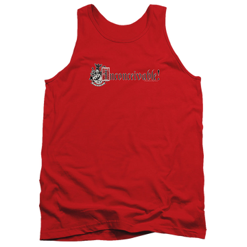 Red men's tank with The Princess Bride Vizzini Crest graphic