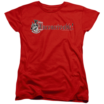 Red women's t-shirt with The Princess Bride Vizzini Crest graphic