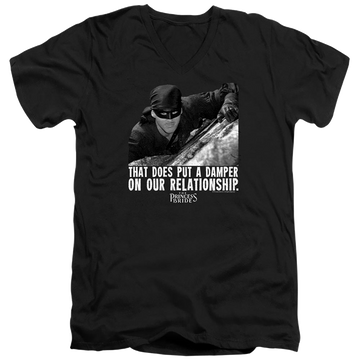 Black men's v-neck t-shirt with The Princess Bride Damper graphic