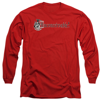 Red men's long sleeve t-shirt with The Princess Bride Vizzini Crest graphic